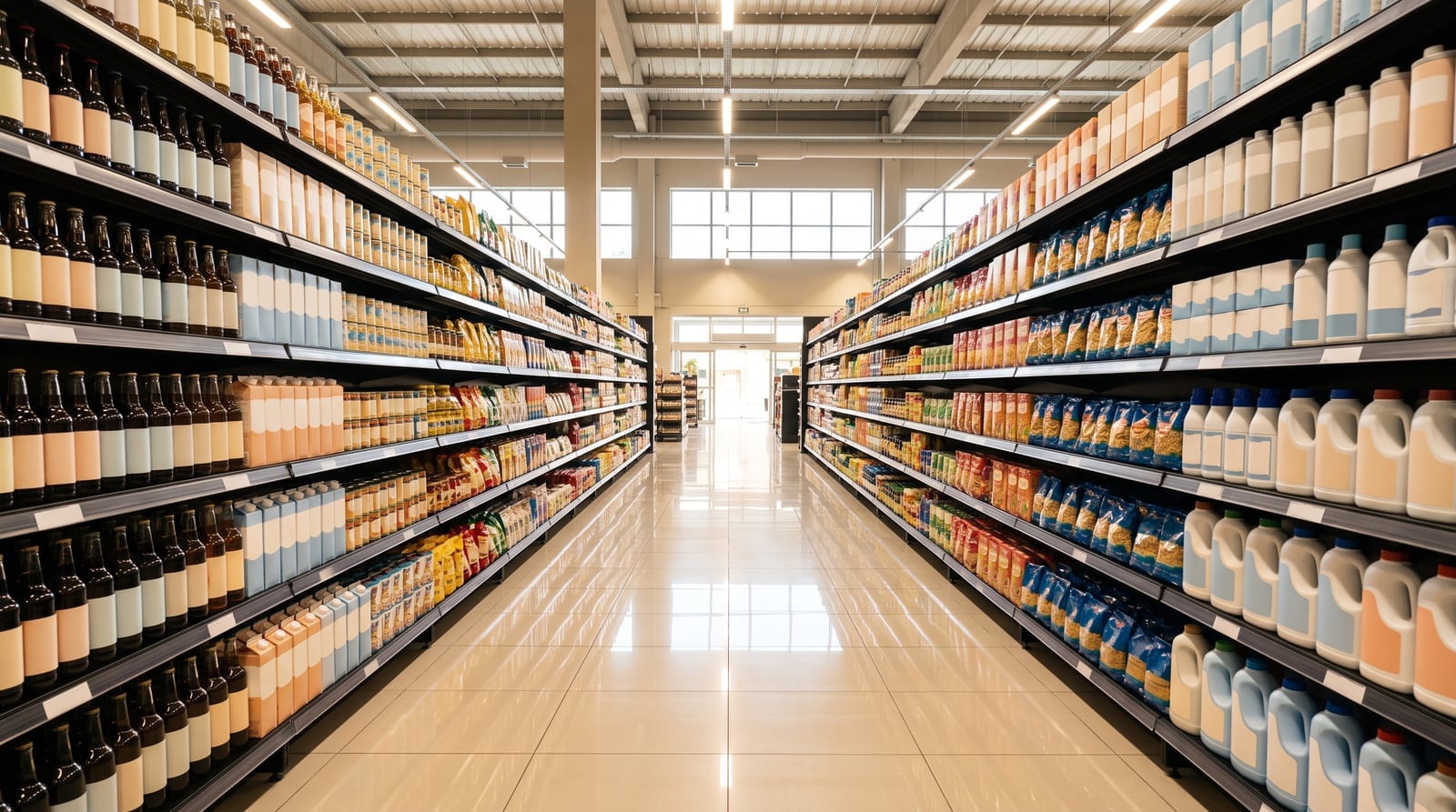Corredor de supermercado com as gôndolas abastecidas e organizadas.